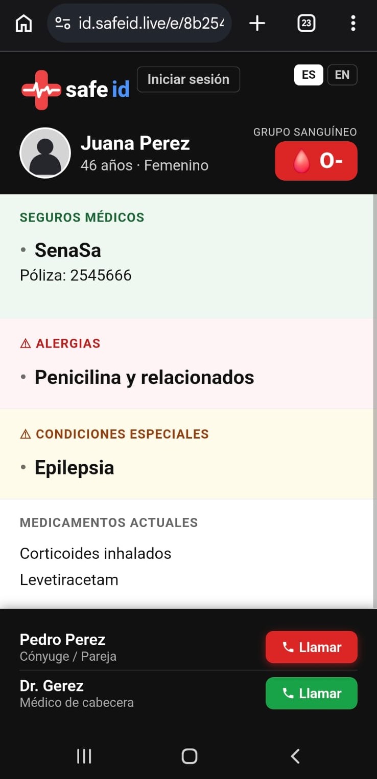 Perfil de ejemplo de Juana Perez en SafeID