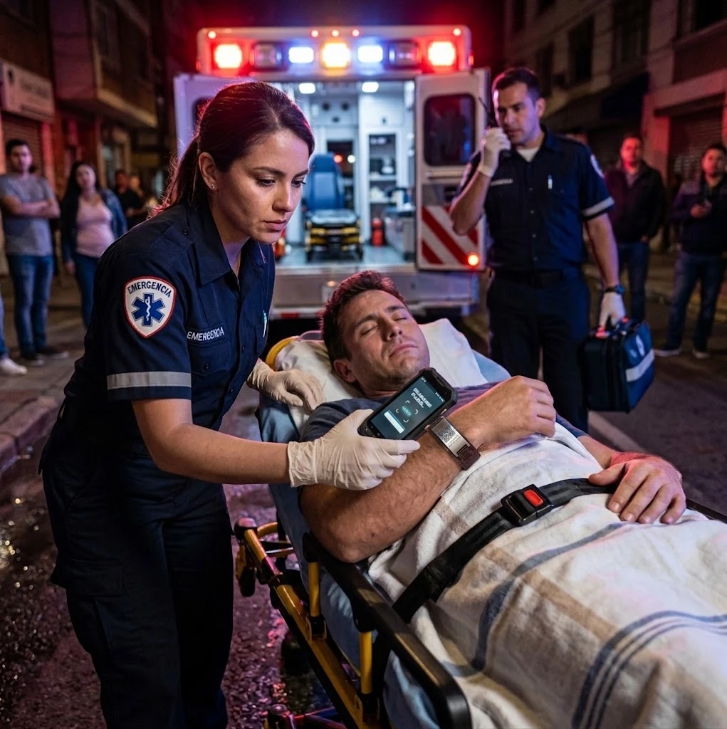 Paramédico revisando el teléfono de un paciente durante una emergencia